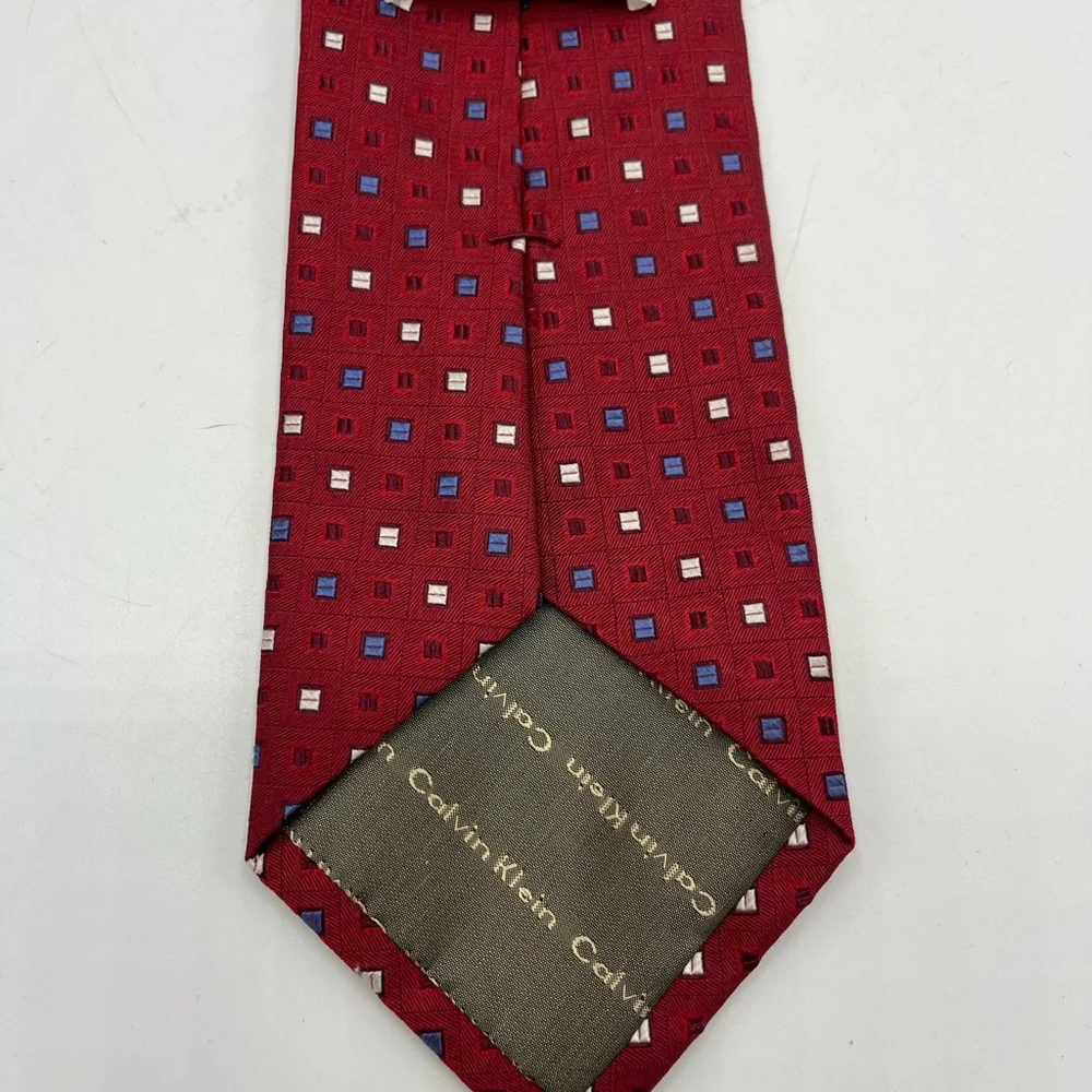 Calvin Klein 100% Silk Necktie Red White Blue Geometric Blocks Power Tie
